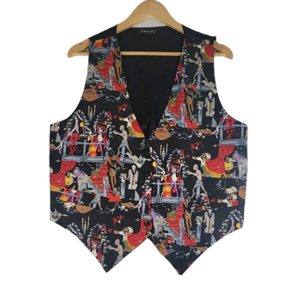 Vtg 1990s Robyn Lyn Halloween Button Vest Vampire Witch Werewolf Frankenstein